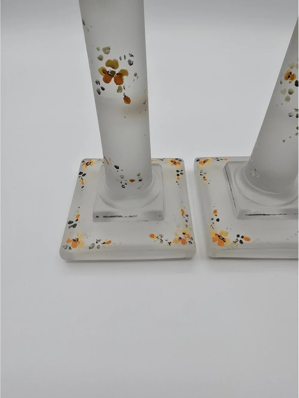 Vintage Hand Painted Satin Frosted Glass Candlestick Holders Pair Floral
